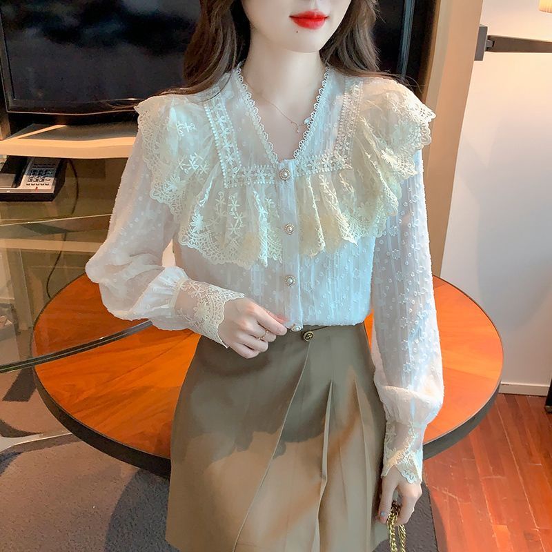 Áo Sơ Mi chiffon Phối Ren Che Bụng Thời Trang Mùa Thu Kiểu Mới Cho Nữ