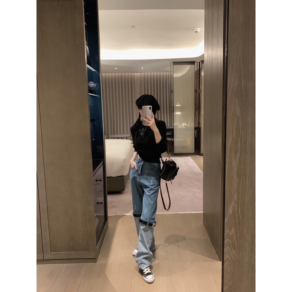 USUL PRADA 23 autumn and winter New Design color matching jeans women's casual fashion all-match letter logo decoration fashion