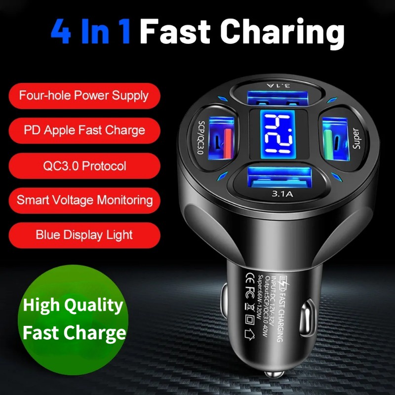 Củ Sạc Điện Thoại Nhanh 4 Trong 1 3.1a 4 Cổng usb Đa Năng Chất Lượng Cao Cho Xe Hơi
