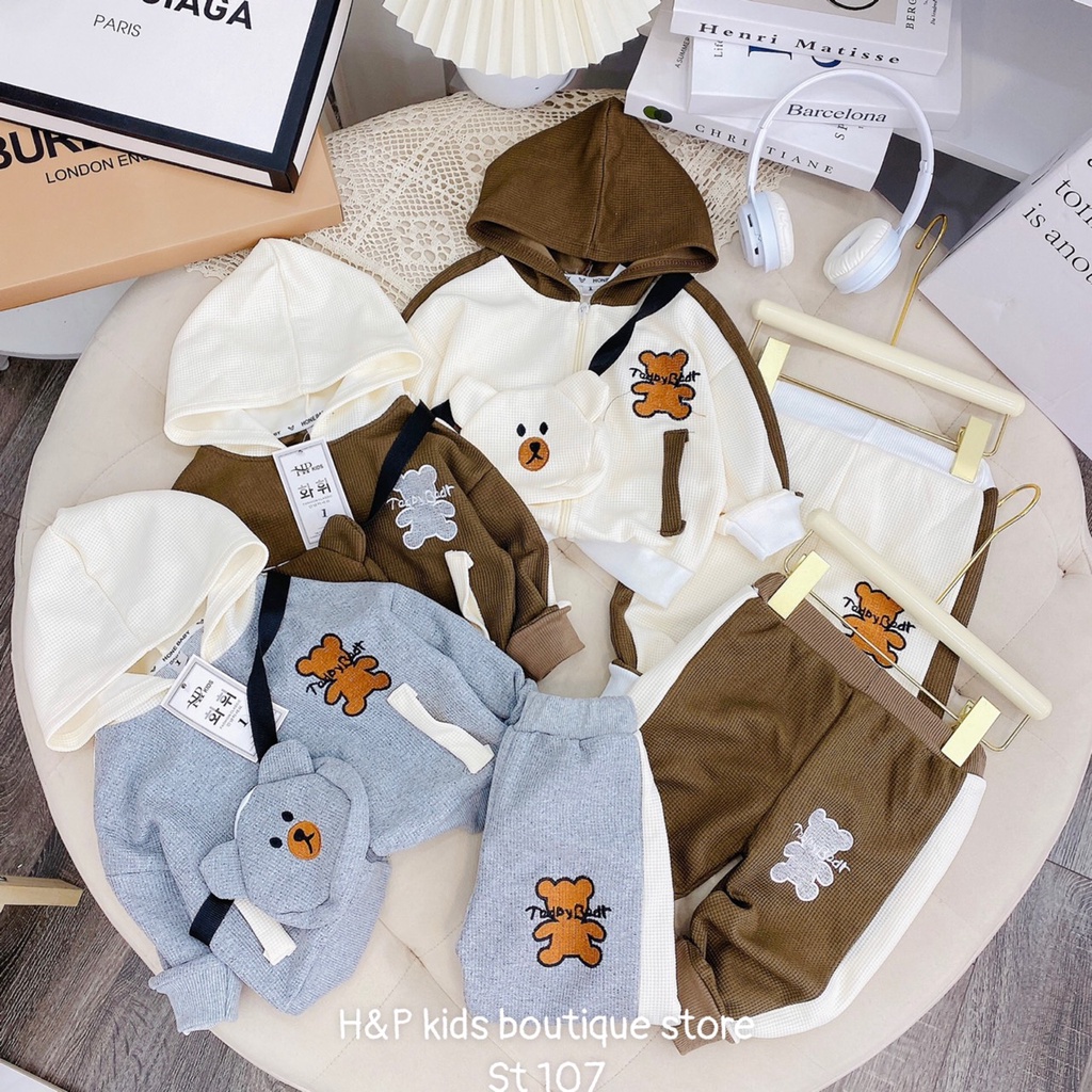 (SIZE 10-20KG) SET NỈ HOODIE KÈM TÚI CÓ KHOÁ KÉO CHO BÉ, QUẦN THÊU
