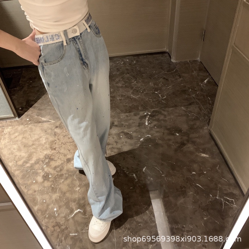 CELIN * catwalk show new high temperature rhinestone letter waist slimming denim trousers