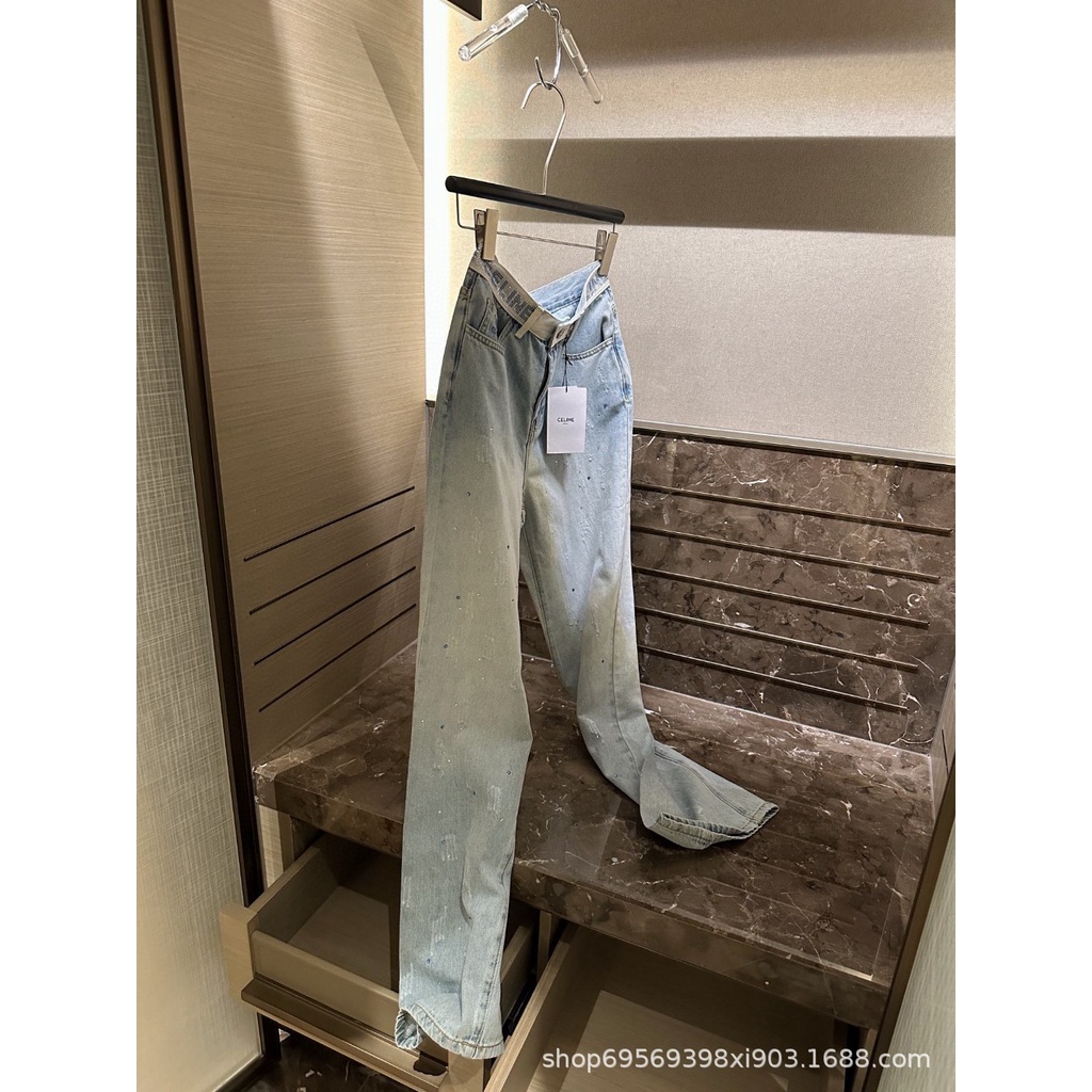 CELIN * catwalk show new high temperature rhinestone letter waist slimming denim trousers