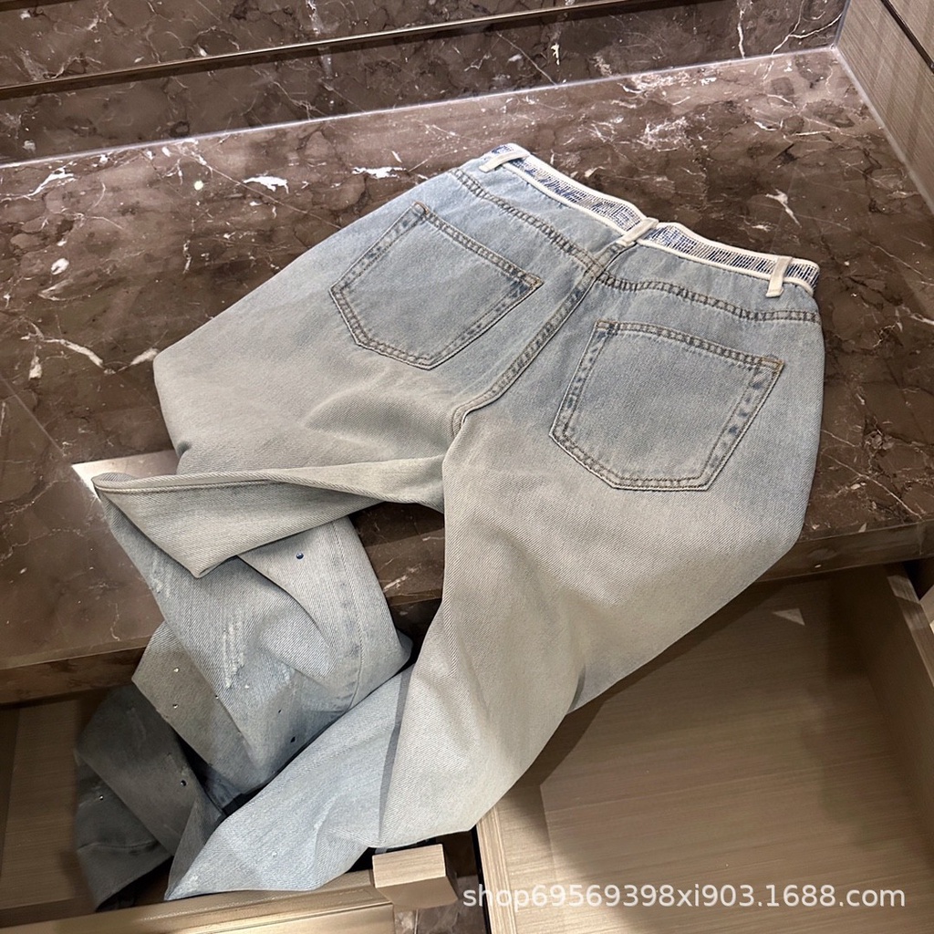 CELIN * catwalk show new high temperature rhinestone letter waist slimming denim trousers