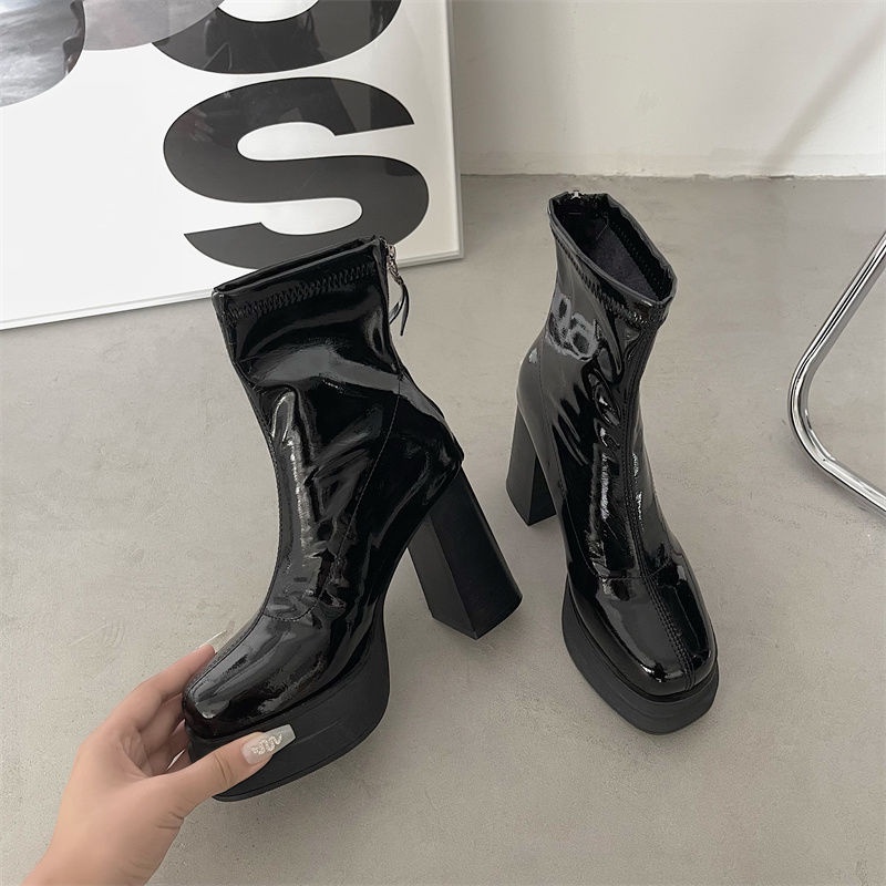 Giày Boot Cao Gót Mũi Tròn Phong Cách Sành Điệu