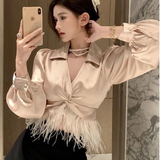 Áo sơ mi tay dài vải satin thời trang mùa thu cho nữ