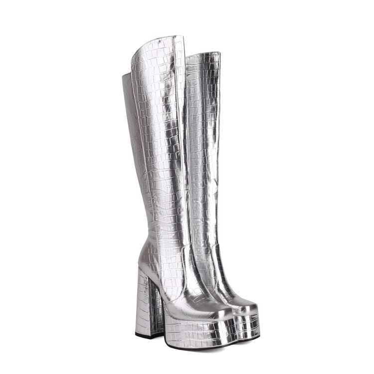 Giày Bốt Cao Gót Da Bóng Đế Dày Mũi Vuông Chống Thấm Nước Phong Cách Âu Mỹ size 34-43