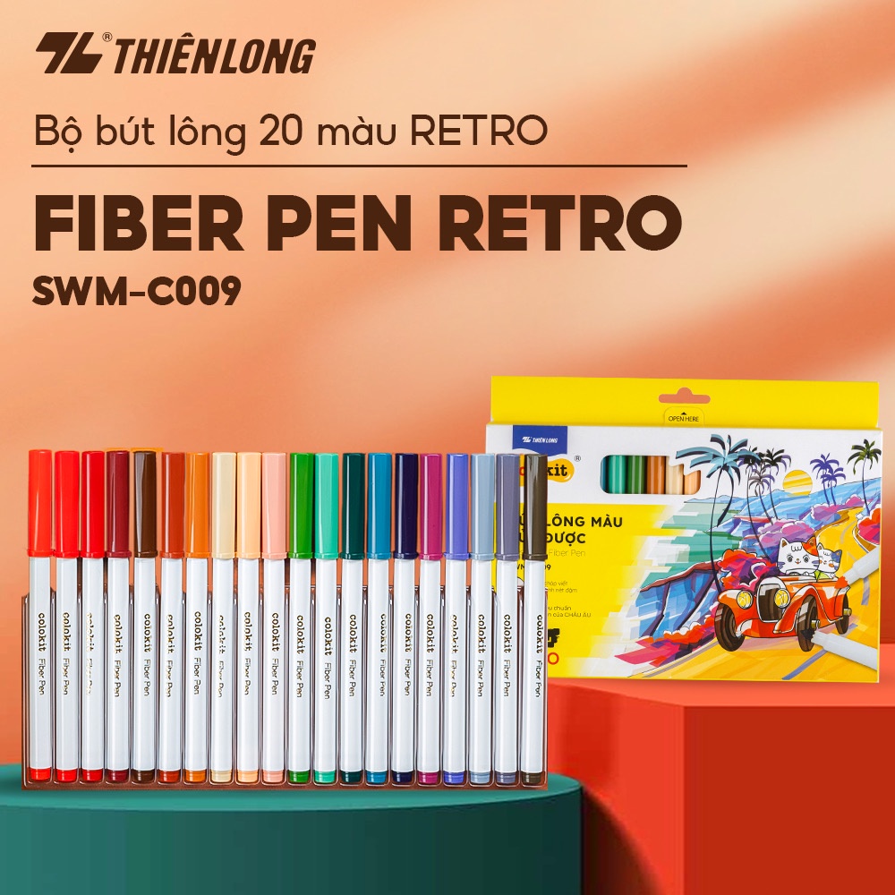 Bút lông màu Fiber Pen 20 màu Retro Thiên Long Colokit rửa được ngòi chóp viết nét thanh nét đậm SWM