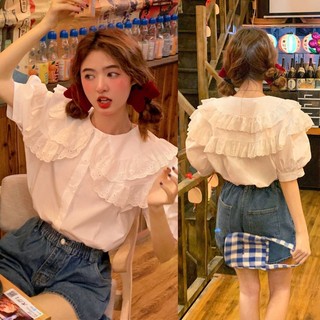 Áo Kiểu Hai Lớp Tay Phồng Ngắn Cổ Búp Bê Phối Ren Màu Trơn Dễ Thương Thời Trang Mùa Hè Cho Nữ