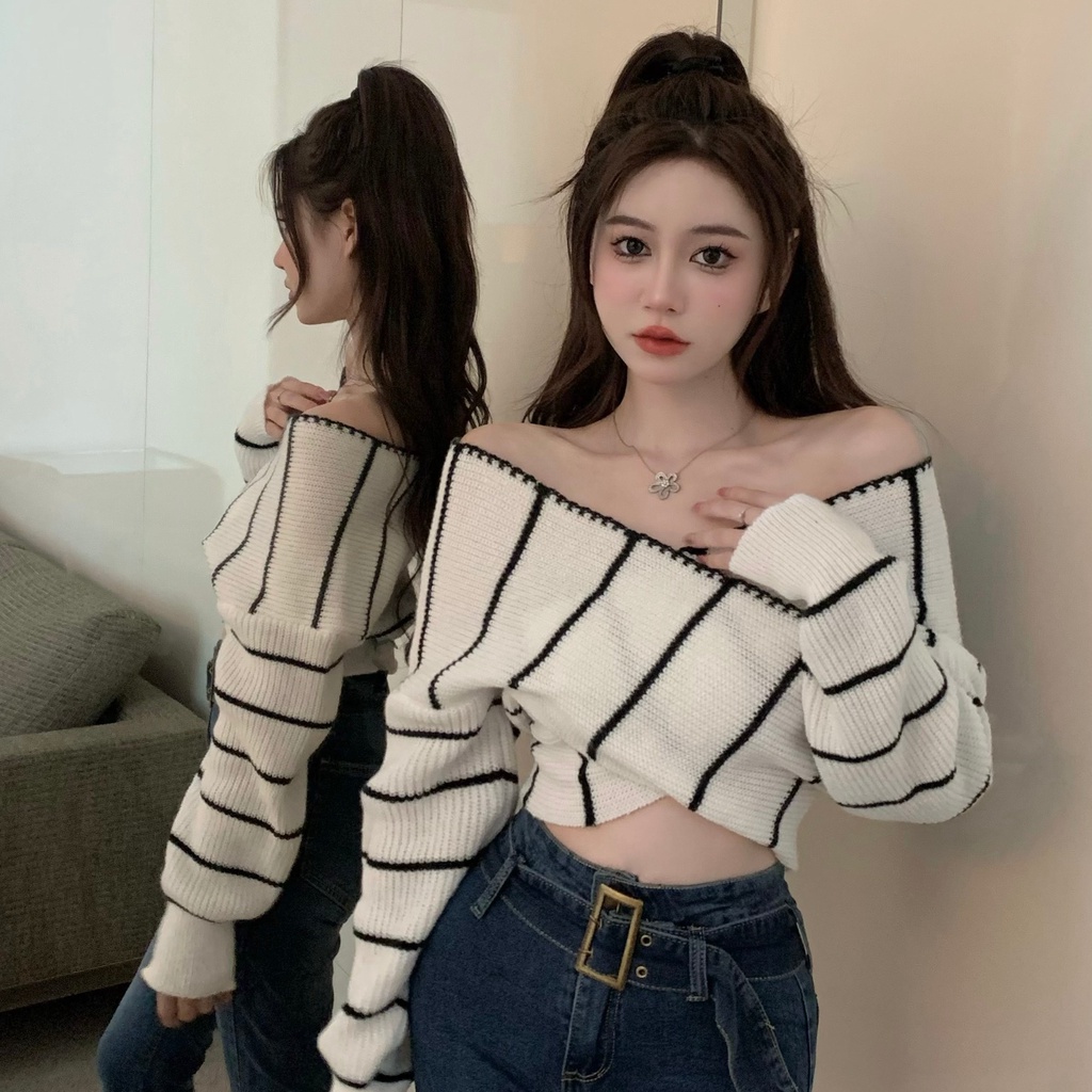 Áo Dệt Kim Trễ Vai Thời Trang Dành Cho Nữ áo len croptop tay dài áo trễ vai len