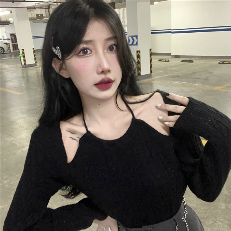 Áo Len Dài Tay Trễ Vai Giả Hai Lớp Thiết Kế Mới Thời Trang Dành Cho Mùa Thu Đông áo đông croptop tay dài