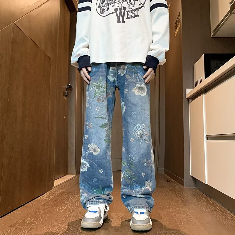 Quần jeans Ống Loe Lưng Cao In Hoa Thời Trang Cho Nam