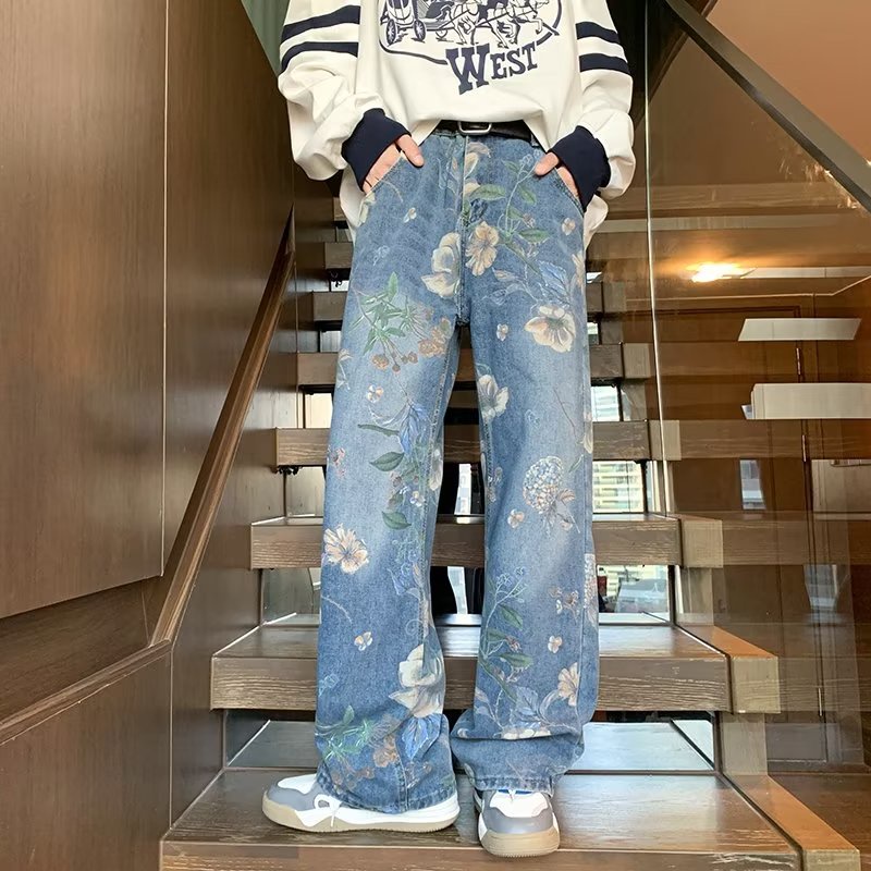 Quần jeans Ống Loe Lưng Cao In Hoa Thời Trang Cho Nam