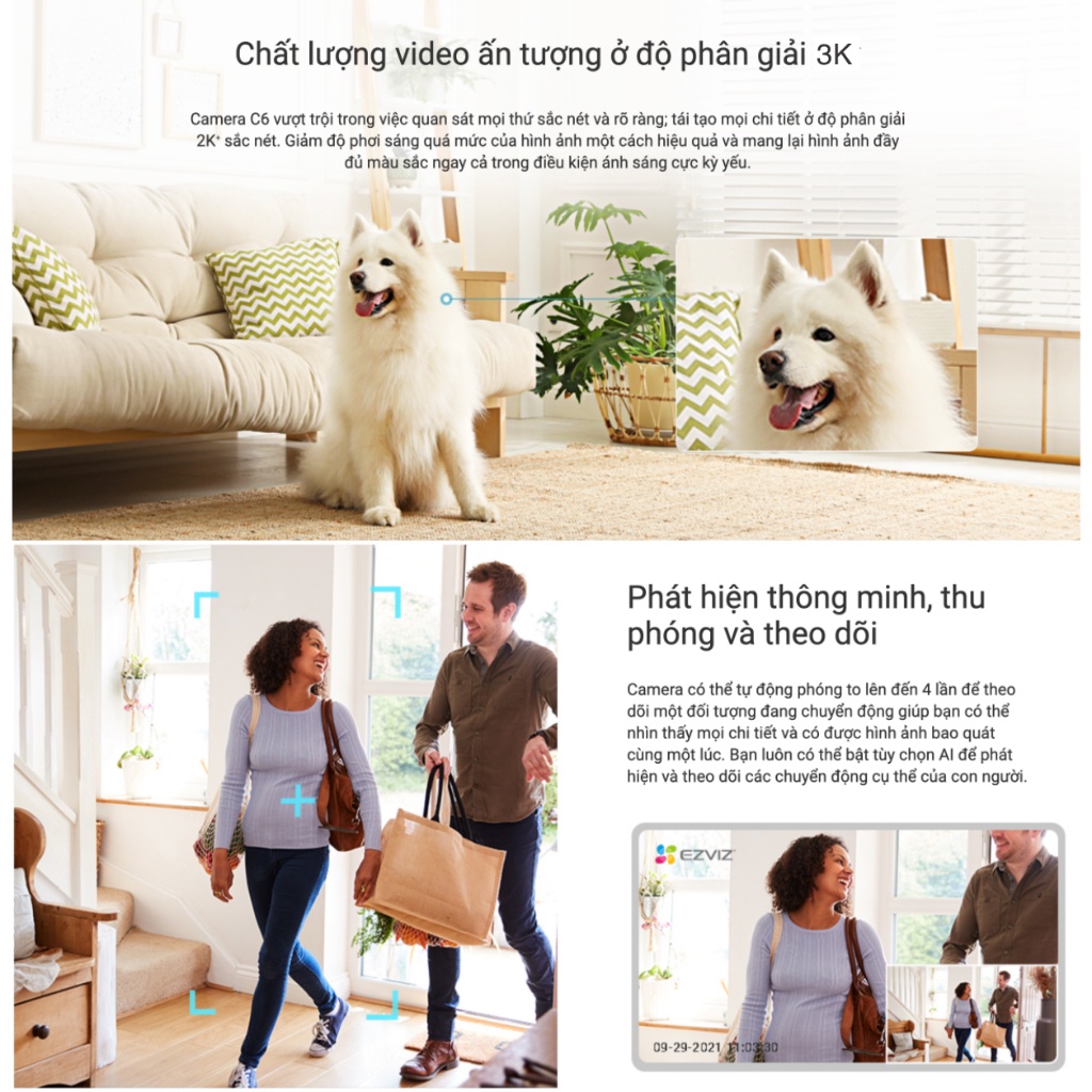 Camera Wifi trong nhà Ezviz H6 3K 5MP hồng ngoại 10m, đàm thoại 2 chiều, có chế độ riêng tư, wifi 2.4Ghz/5Ghz.