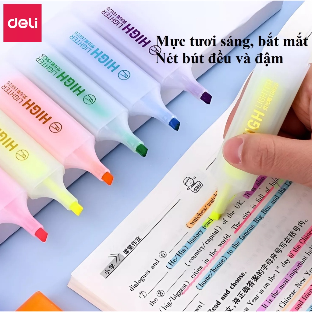 Bút highlight đánh dấu nhớ dòng dạ quang Deli màu pastel phù hợp cho học sinh văn phòng tiện dụng nhanh khô cao cấp