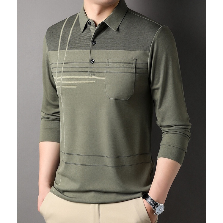 Áo Thun polo Mỏng Tay Dài Dáng Rộng Màu Trơn In Họa Tiết Kẻ Sọc Có Túi Trang Trí Dành Cho Bạn Nam
