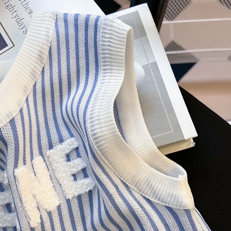 Áo Dệt Kim Sát Nách Kẻ Sọc Thời Trang Mùa Hè 2023 Phong Cách Châu Âu Mới Cho Học Sinh v1jo