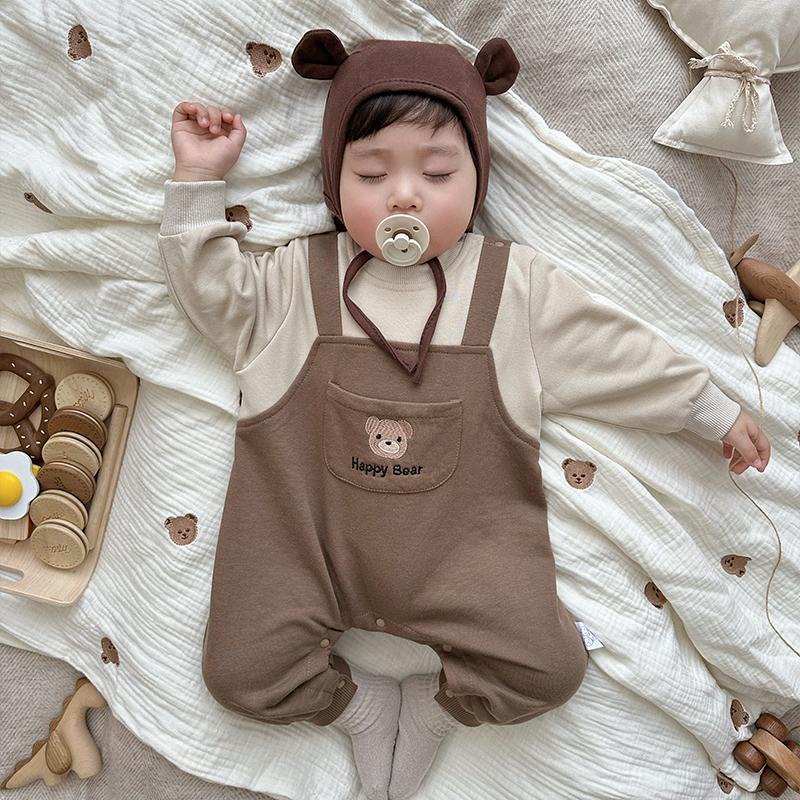 Bộ Áo Liền Quần Tay Dài Thêu Hình Gấu Dễ Thương Phong Cách Hàn Quốc Thời Trang Xuân Thu Cho Bé