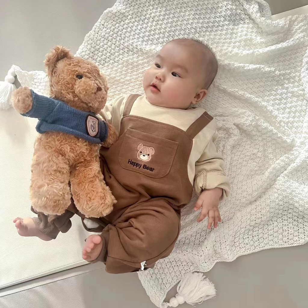 Bộ Áo Liền Quần Tay Dài Thêu Hình Gấu Dễ Thương Phong Cách Hàn Quốc Thời Trang Xuân Thu Cho Bé