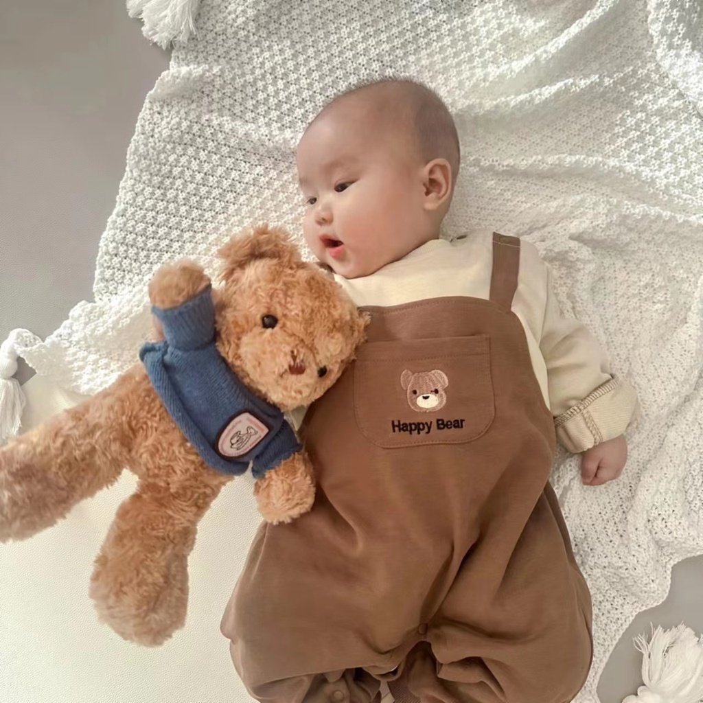 Bộ Áo Liền Quần Tay Dài Thêu Hình Gấu Dễ Thương Phong Cách Hàn Quốc Thời Trang Xuân Thu Cho Bé