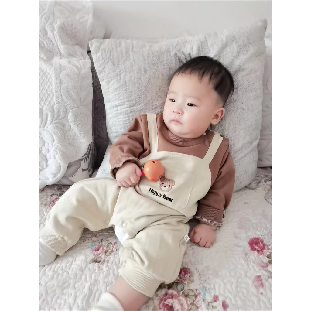 Bộ Áo Liền Quần Tay Dài Thêu Hình Gấu Dễ Thương Phong Cách Hàn Quốc Thời Trang Xuân Thu Cho Bé