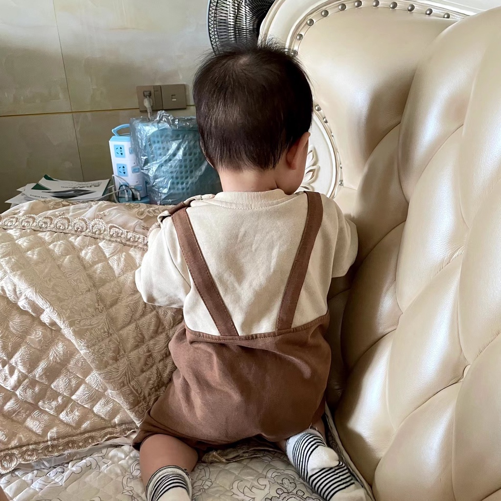 Bộ Áo Liền Quần Tay Dài Thêu Hình Gấu Dễ Thương Phong Cách Hàn Quốc Thời Trang Xuân Thu Cho Bé