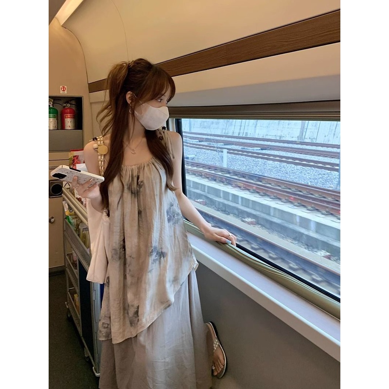 Sugemiusi Đầm Hai Dây Nhuộm Màu Phong Cách Pháp Thời Trang Mùa Hè Cho Nữ