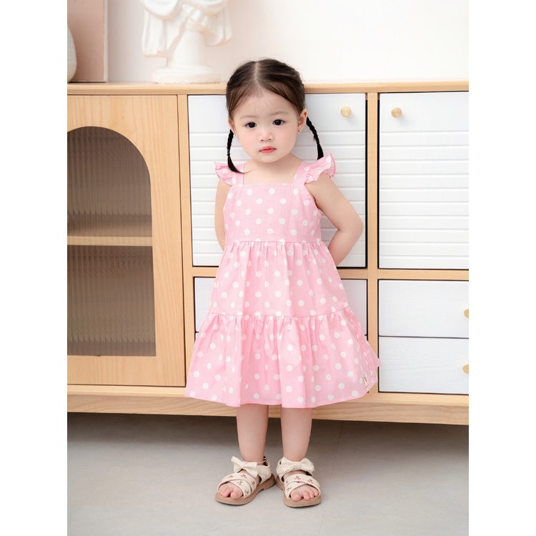 Váy Bé Gái CARROT Hai Dây Cánh Tiên, Họa Tiết Chấm Bi, Chất Liệu Thô Cotton Thấm Hút Mồ Hôi Tốt