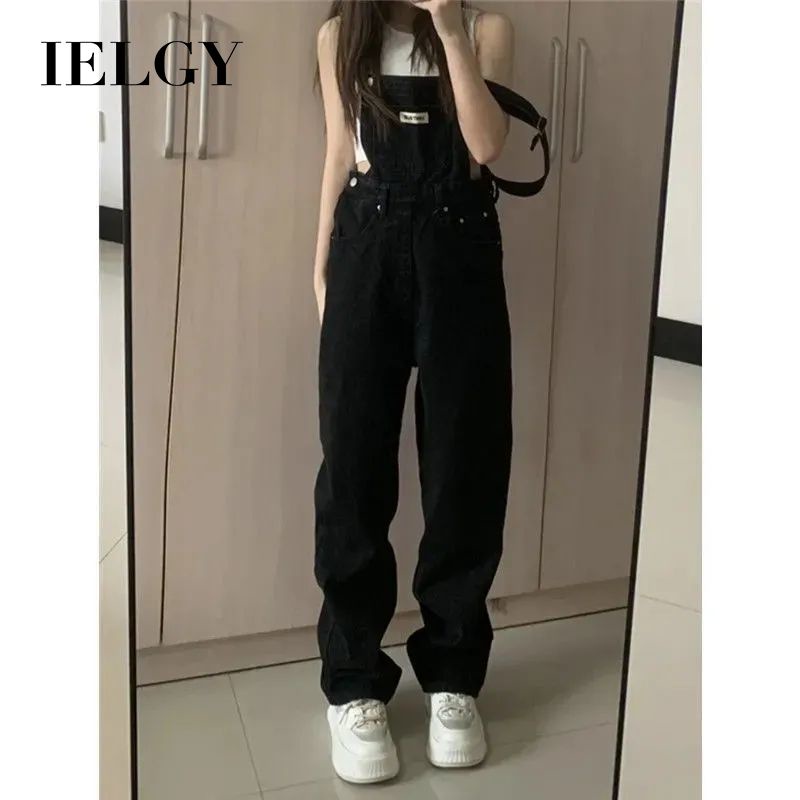 Ielgy Quần Yếm denim Lưng Cao Ống Rộng Phong Cách retro Thời Trang Cho Nữ