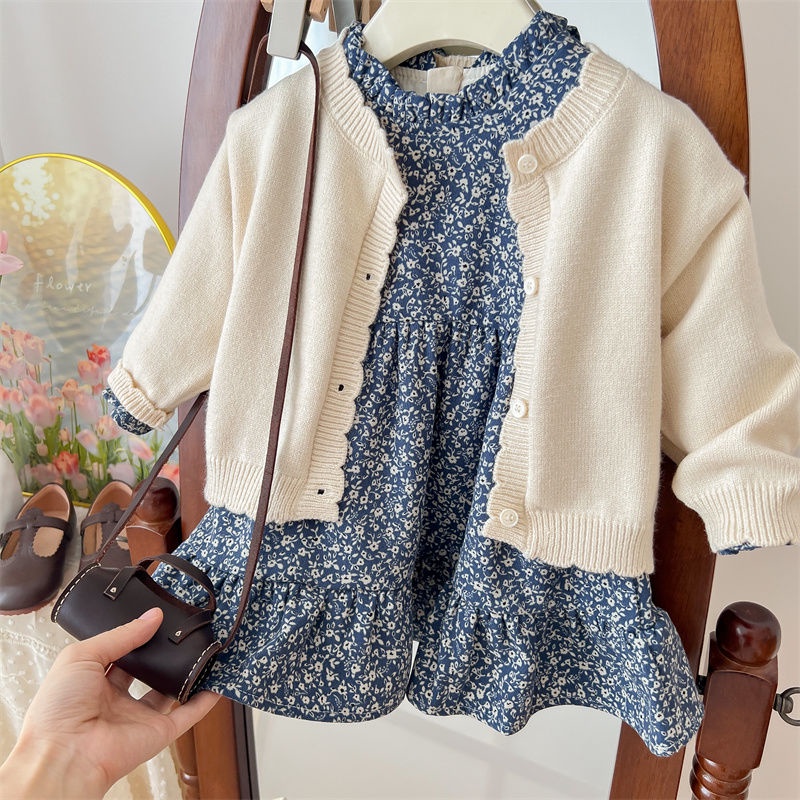 Bộ Áo Khoác cardigan + Chân Váy In Họa Tiết Hoa Phong Cách Phương Tây Thời Trang Xuân Thu Cho Bé Gái