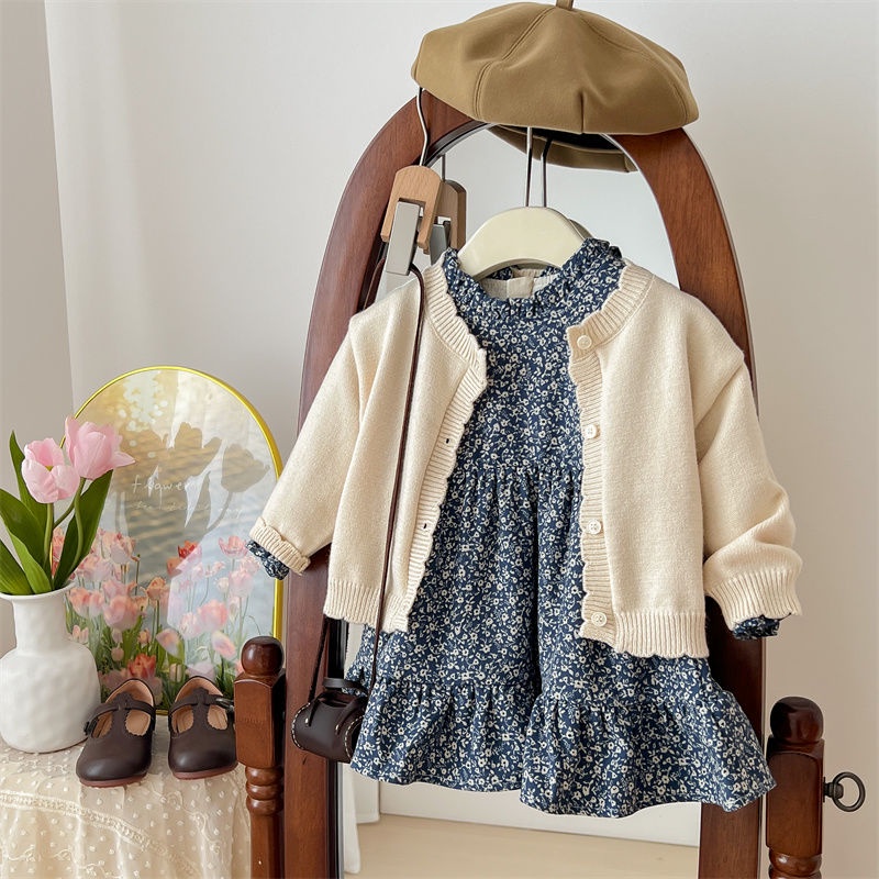 Bộ Áo Khoác cardigan + Chân Váy In Họa Tiết Hoa Phong Cách Phương Tây Thời Trang Xuân Thu Cho Bé Gái