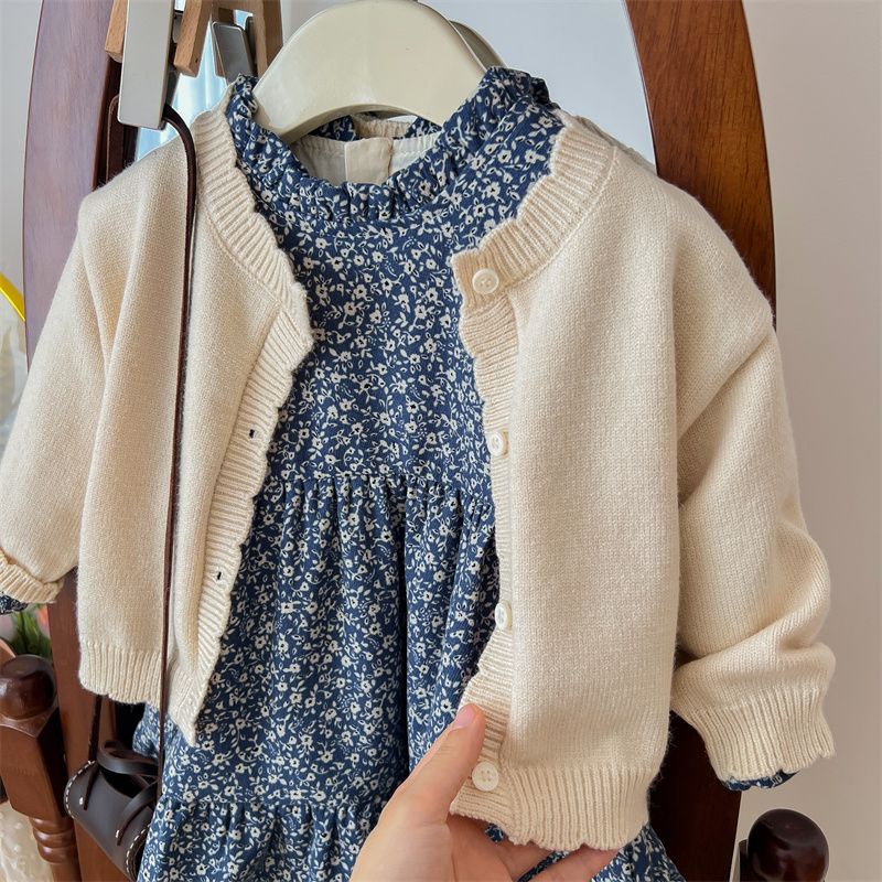 Bộ Áo Khoác cardigan + Chân Váy In Họa Tiết Hoa Phong Cách Phương Tây Thời Trang Xuân Thu Cho Bé Gái
