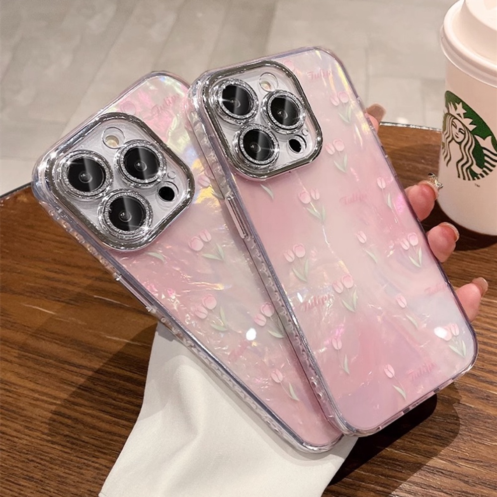 Ôp Điện Thoại Hình Hoa tulip Lấp Lánh Bảo Vệ Ống Kính Máy Ảnh Cho iphone 13 14 12pro 15pro 14pro max Vỏ