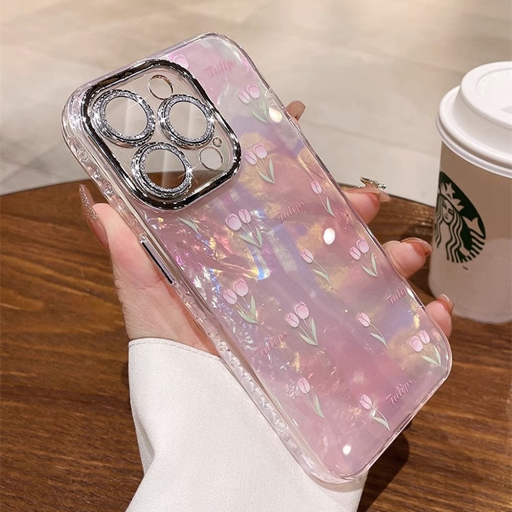 Ôp Điện Thoại Hình Hoa tulip Lấp Lánh Bảo Vệ Ống Kính Máy Ảnh Cho iphone 13 14 12pro 15pro 14pro max Vỏ