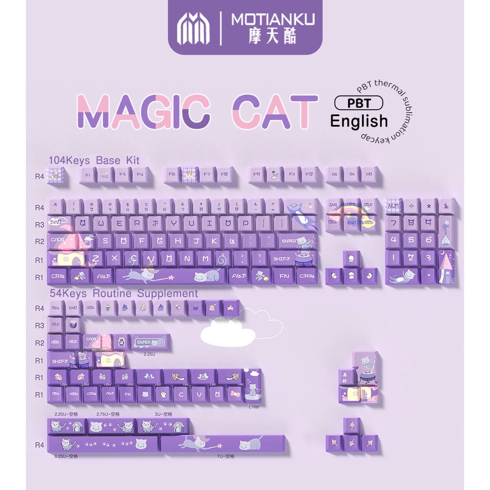 Magic Cat Purple Cute Keycaps Nắp Bàn Phím Cơ 7u Và iso Họa Tiết Mèo Ma Thuật Màu Tím Dễ Thương