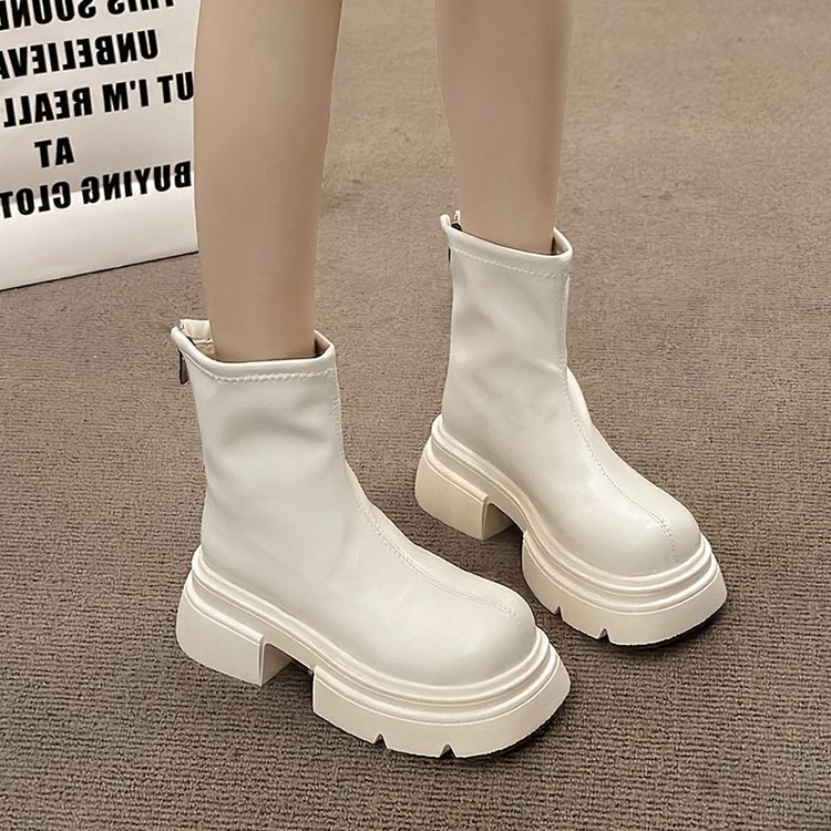 Giày Bốt martin Da pu Mũi Tròn Đế Dày Màu Trơn Phối Khóa Kéo Sau Phong Cách Anh Quốc Thời Trang Xuân Thu