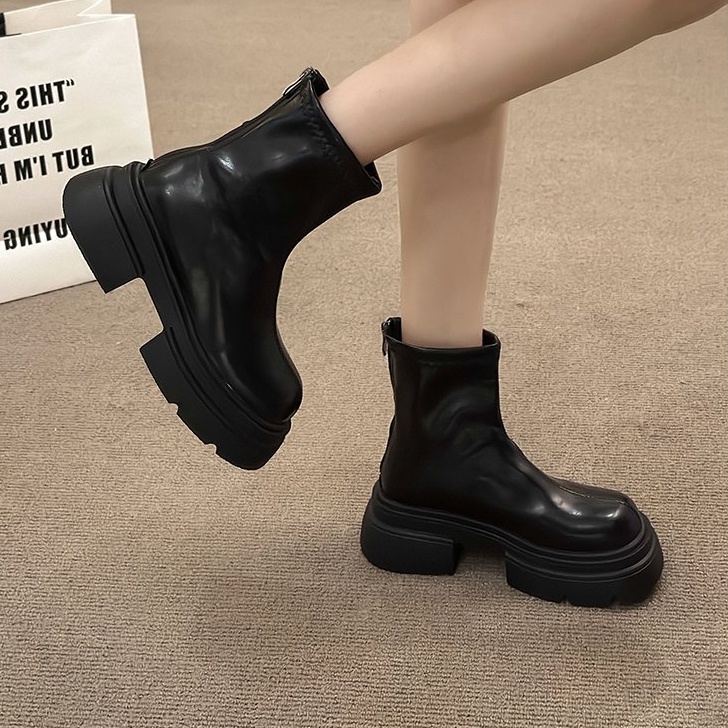 Giày Bốt martin Da pu Mũi Tròn Đế Dày Màu Trơn Phối Khóa Kéo Sau Phong Cách Anh Quốc Thời Trang Xuân Thu