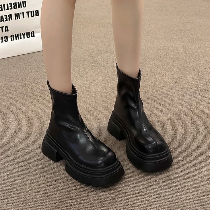 Giày Bốt martin Da pu Mũi Tròn Đế Dày Màu Trơn Phối Khóa Kéo Sau Phong Cách Anh Quốc Thời Trang Xuân Thu