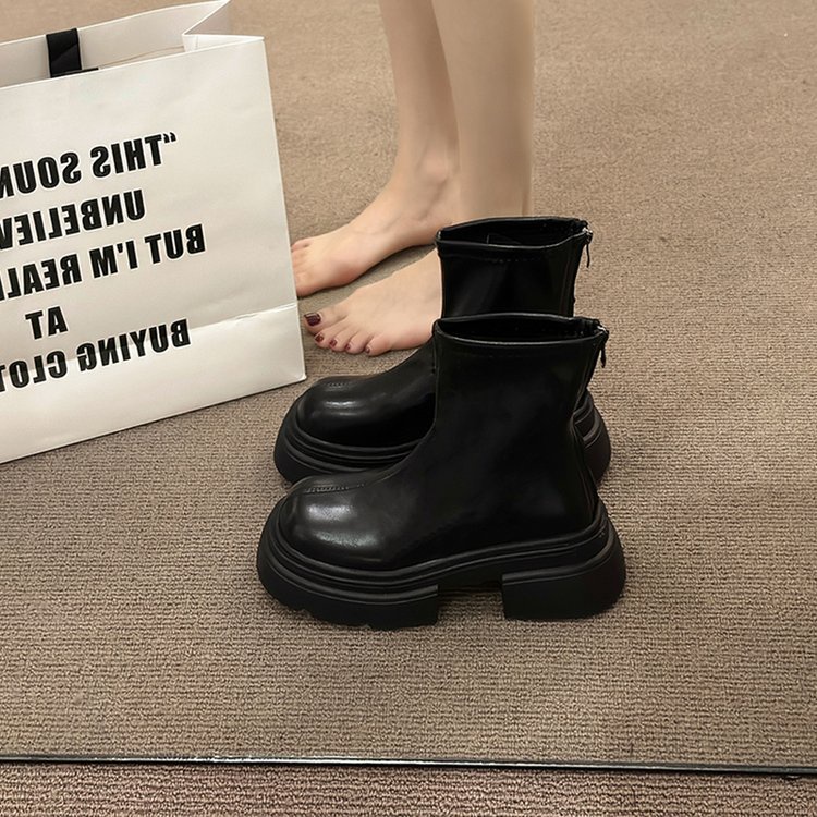 Giày Bốt martin Da pu Mũi Tròn Đế Dày Màu Trơn Phối Khóa Kéo Sau Phong Cách Anh Quốc Thời Trang Xuân Thu