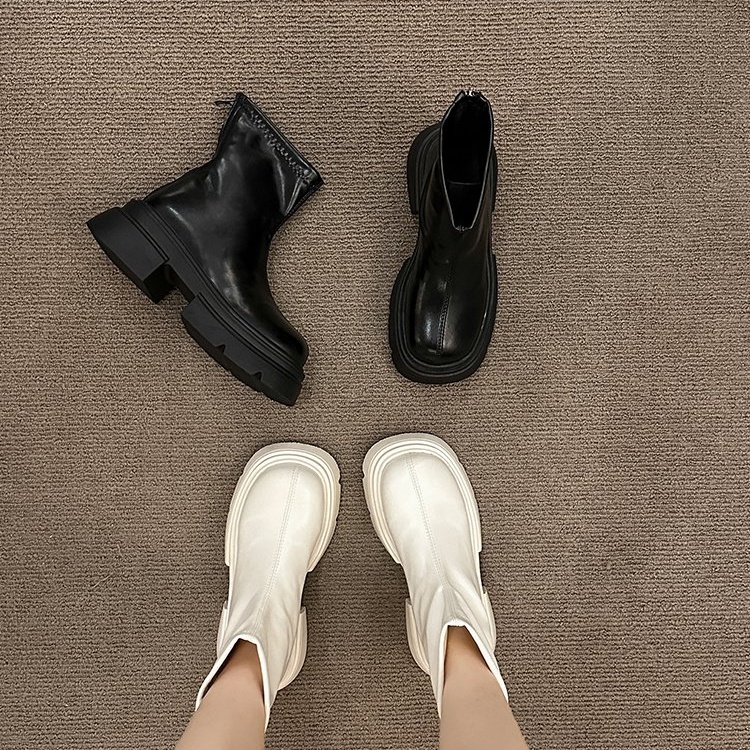 Giày Bốt martin Da pu Mũi Tròn Đế Dày Màu Trơn Phối Khóa Kéo Sau Phong Cách Anh Quốc Thời Trang Xuân Thu