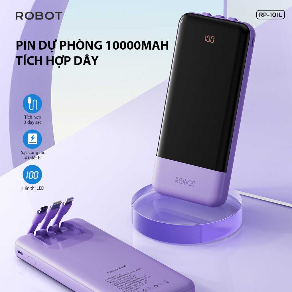 Pin Sạc Dự Phòng ROBOT RP-101L 10.000mAh Tích Hợp Dây Sạc - Chính Hãng