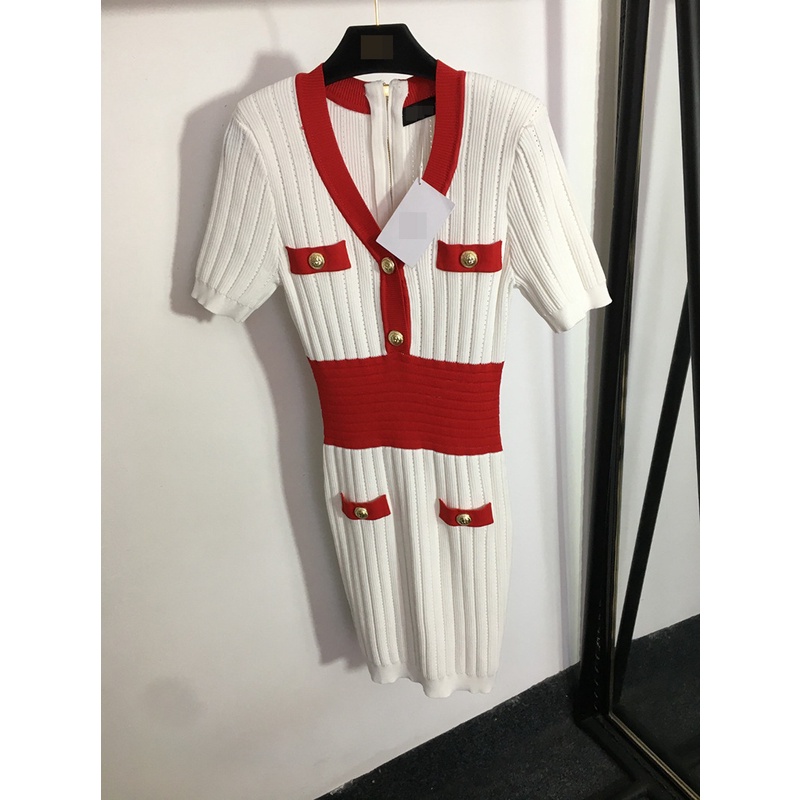 BALMAIN 2023 Summer new lion head gold buckle contrast color V-neck slim waist short sleeve knitted dress