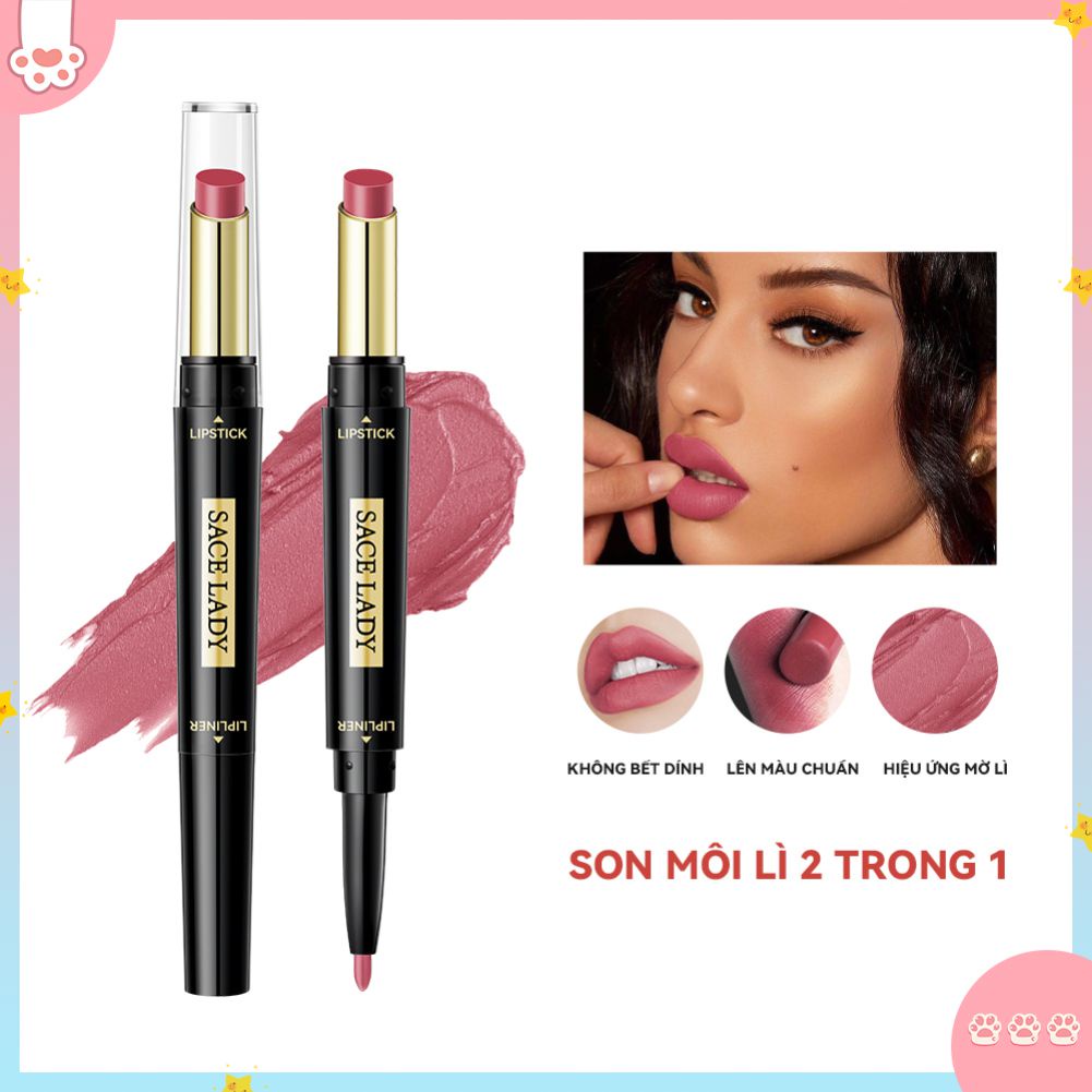 SACE LADY Son Môi & Bút Chì Kẻ Viền Môi Hai đầu Sử Dụng Nhiều Màu Kết Cấu Mịn Mượt Không Thấm Nước Bút Son Môi Lâu T