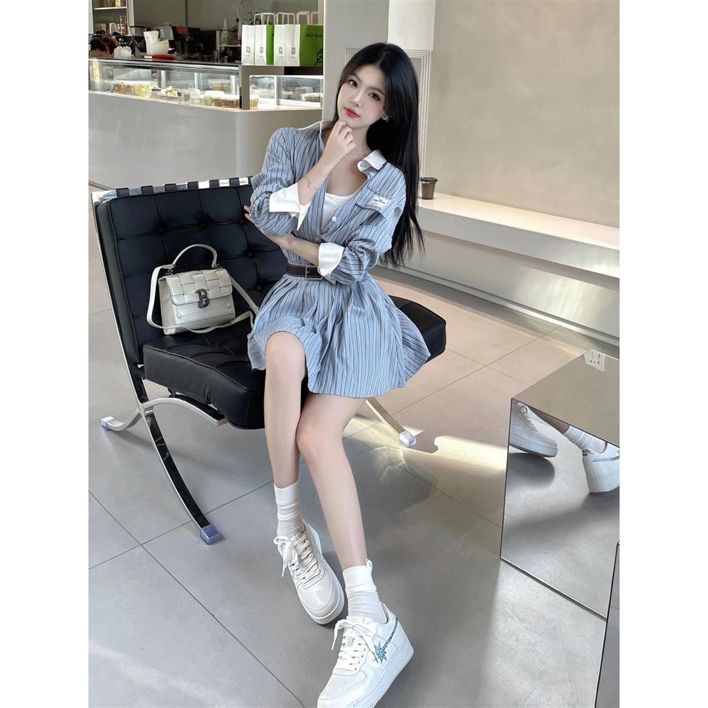 Set Áo Sơ Mi Tay Dài Kẻ Sọc Phối Chân Váy Xếp Ly Lưng Cao Phong Cách Đường Phố Thời Trang Cho Nữ