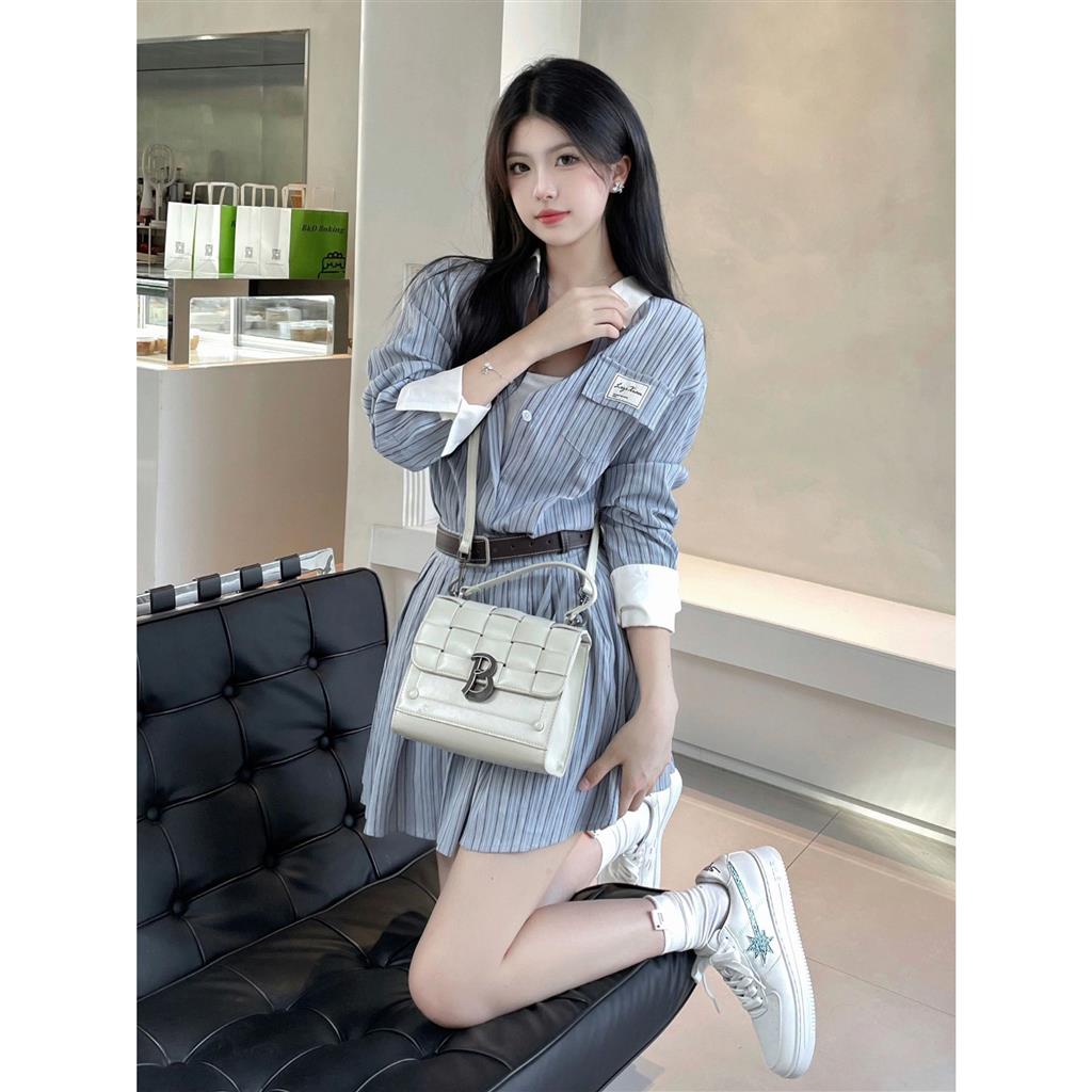 Set Áo Sơ Mi Tay Dài Kẻ Sọc Phối Chân Váy Xếp Ly Lưng Cao Phong Cách Đường Phố Thời Trang Cho Nữ