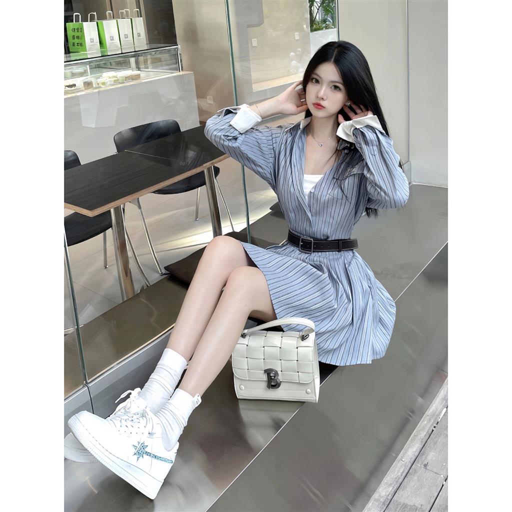 Set Áo Sơ Mi Tay Dài Kẻ Sọc Phối Chân Váy Xếp Ly Lưng Cao Phong Cách Đường Phố Thời Trang Cho Nữ