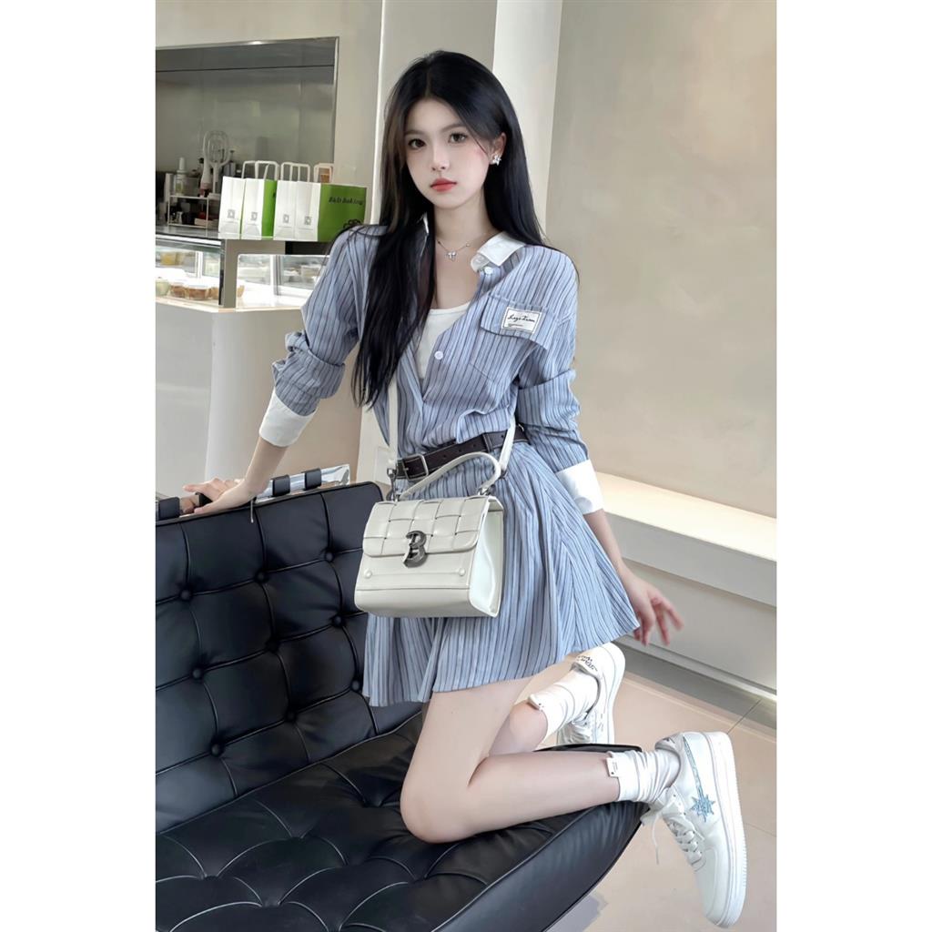 Set Áo Sơ Mi Tay Dài Kẻ Sọc Phối Chân Váy Xếp Ly Lưng Cao Phong Cách Đường Phố Thời Trang Cho Nữ