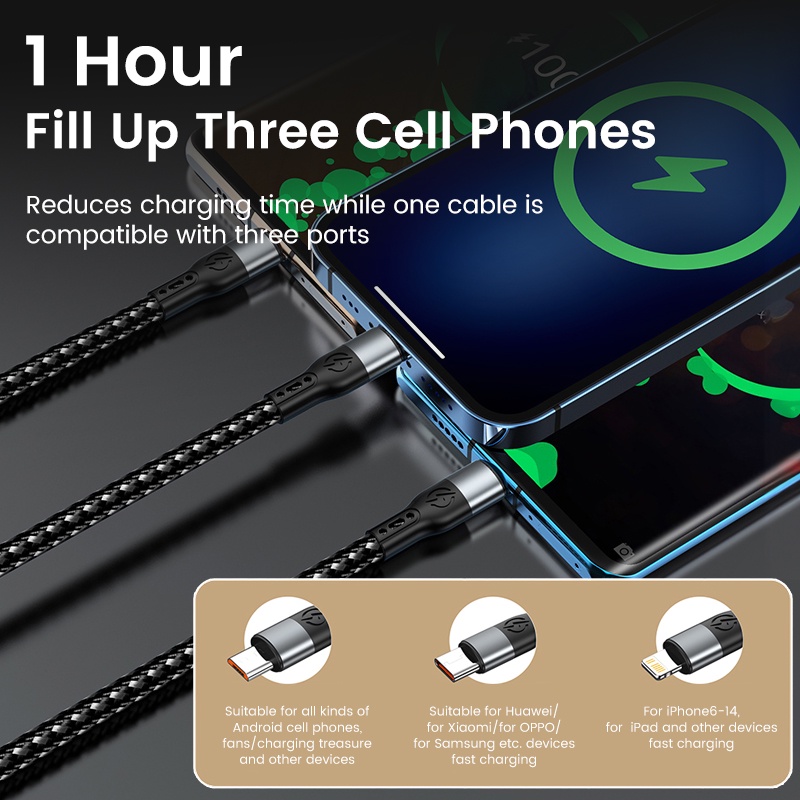 Dây Cáp Sạc Nhanh 100w 6a usb Sang type c 3 Trong 1 Chuyên Dụng Cho huawei xiaomi