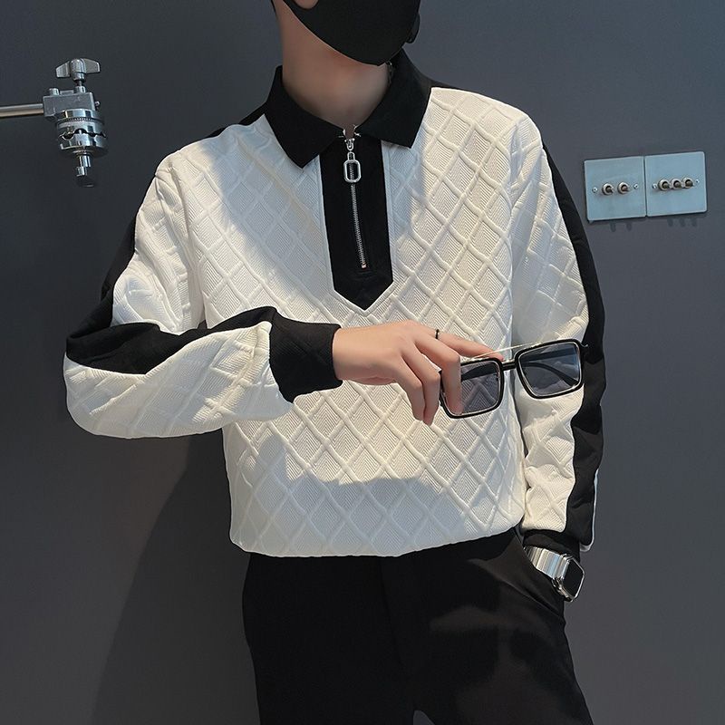 Áo Thun polo Tay Dài Có Khóa Kéo Màu Sắc Tương Phản Thời Trang Thu Đông Cho Nam Giới