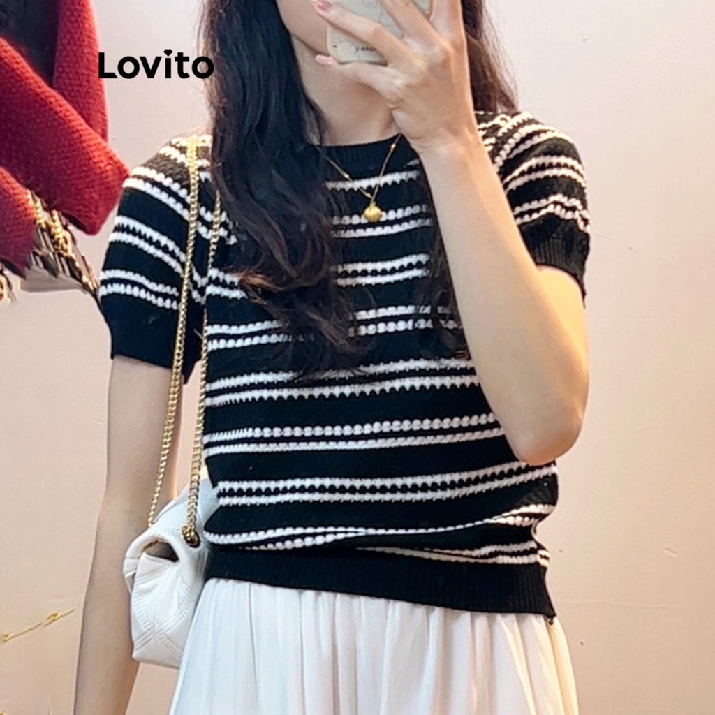 Lovito Áo dệt kim cổ tròn sọc mùa xuân hè thông thường dành cho nữ LNE13021 | BigBuy360 - bigbuy360.vn