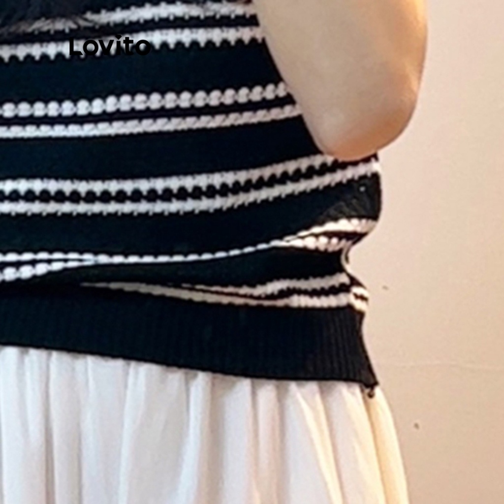 Áo dệt kim Lovito cổ tròn họa tiết sọc ngang thời trang cho Nữ LNE13021 (Mơ/Đen) | BigBuy360 - bigbuy360.vn